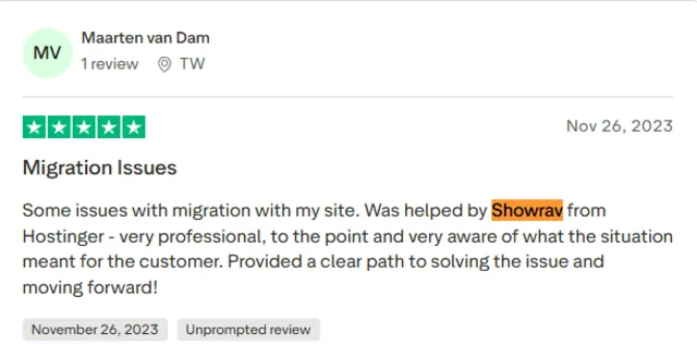 Maarten van Dam Trustpilot review screenshot