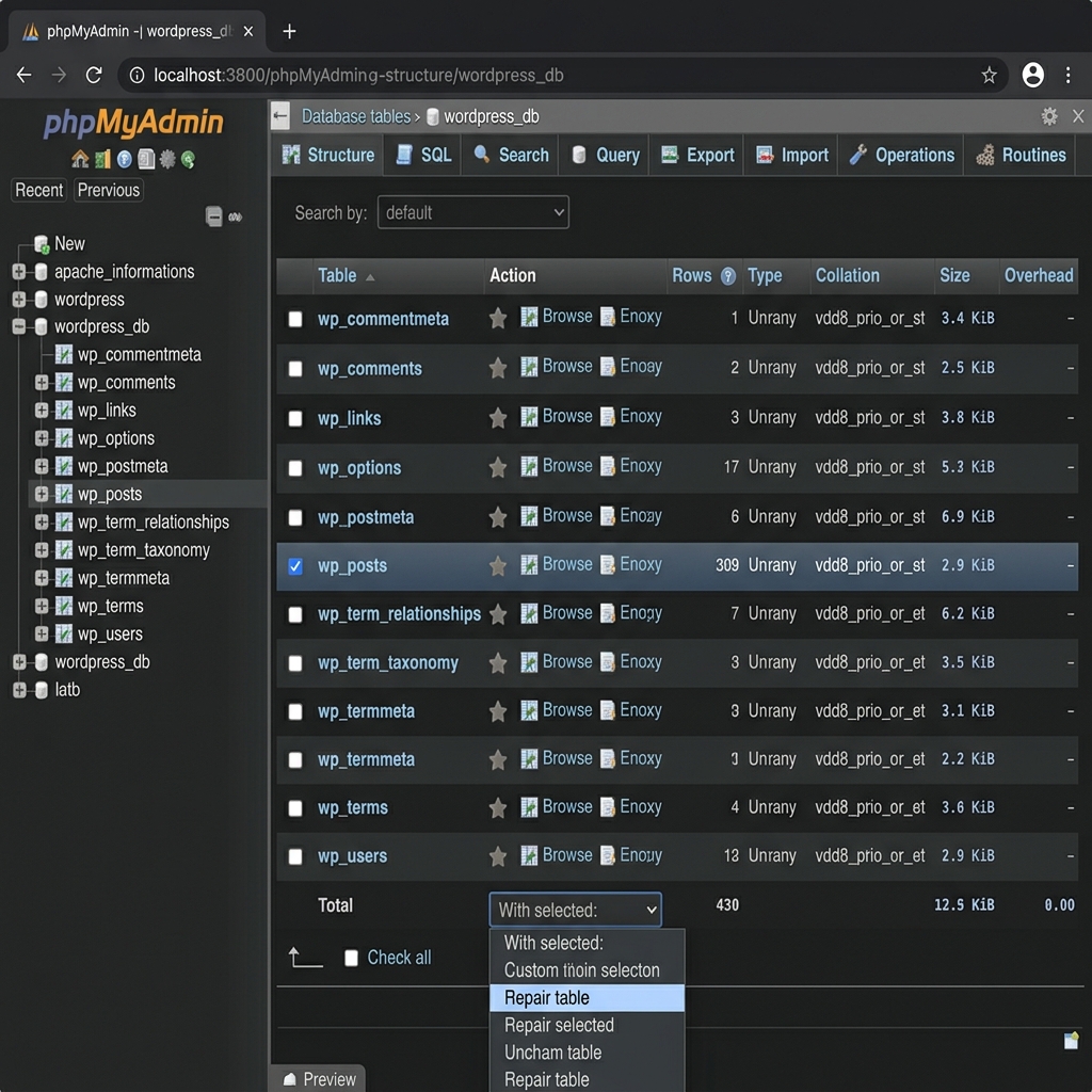 phpMyAdmin showing WordPress database tables ready for repair